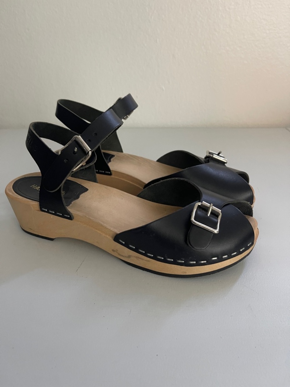 Swedish Hasbeens Black Leather Clog Sandals